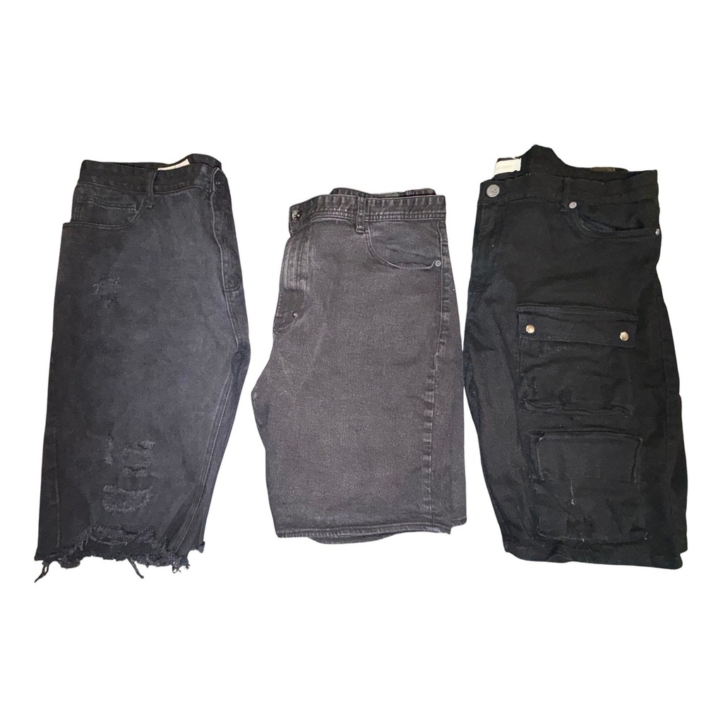 Smoke Rise AKOO Blind Trust Black Denim Shorts Lot SZ 44 Distressed Cargo 3 Pair